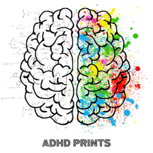 ADHDprints logo: a brain divided between a logical mathematical wireframe and a vibrant, multicoloured ink splashes